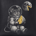 Close-up of the One Small Bite for Mousekind print showing ink detail on black cotton fabric