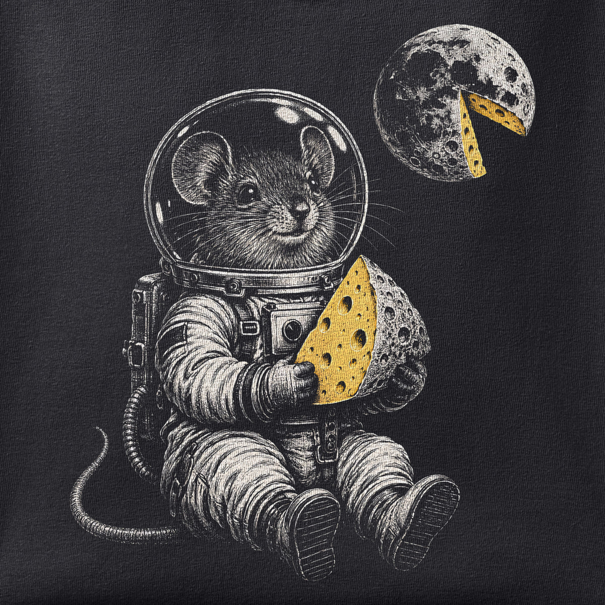Close-up of the One Small Bite for Mousekind print showing ink detail on black cotton fabric