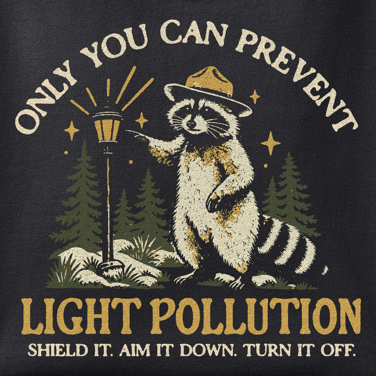 Close-up of the Only You Can Prevent Light Pollution print showing ink detail on black cotton fabric