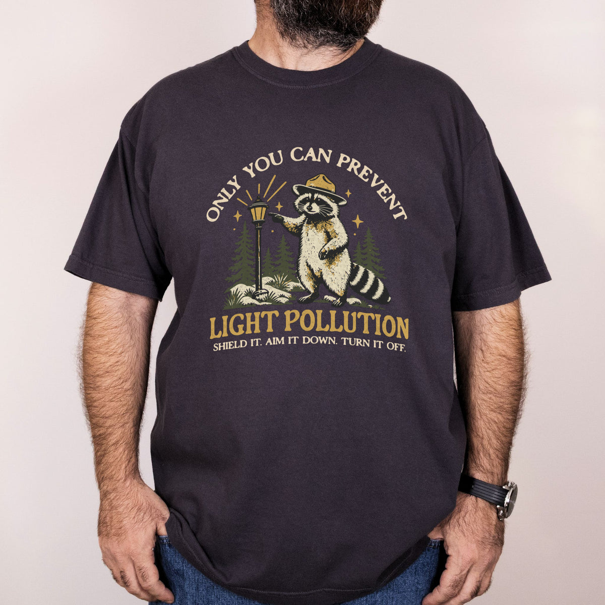 Worn: Only You Can Prevent Light Pollution printed on a Comfort Colors 1717 tee