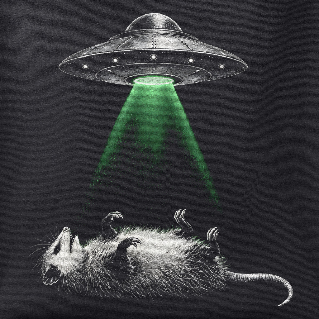 Close-up of the Opossum UFO print showing ink detail on black cotton fabric