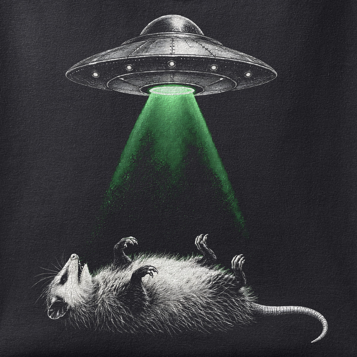 Close-up of the Opossum UFO print showing ink detail on black cotton fabric
