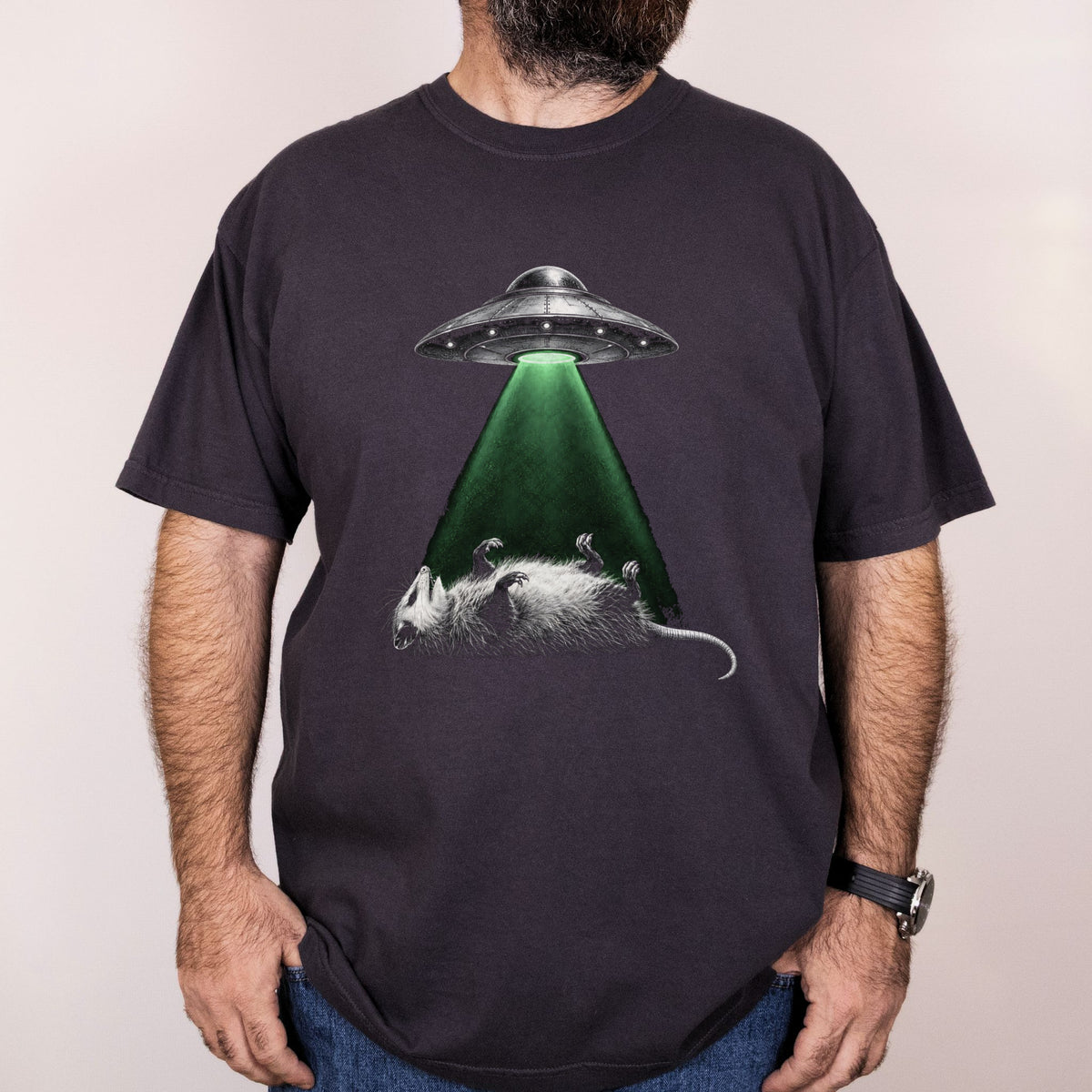 Worn: Opossum UFO printed on a Comfort Colors 1717 tee