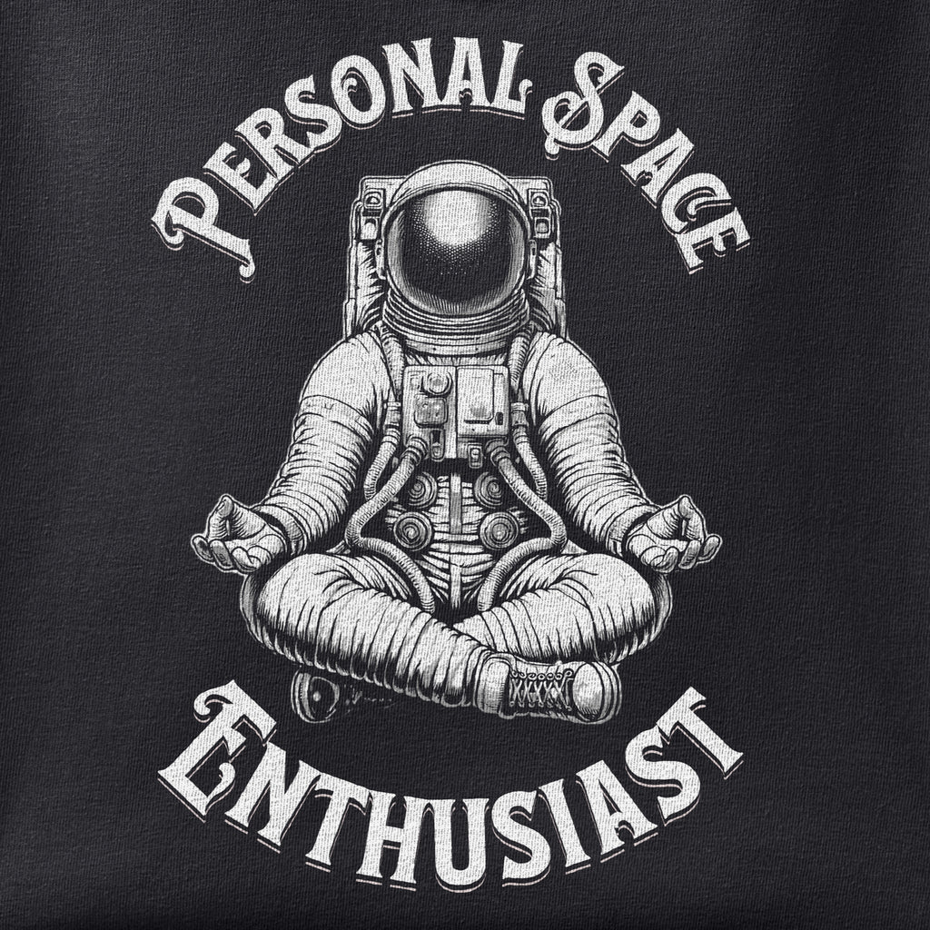 Close-up of the Personal Space Enthusiast print showing ink detail on black cotton fabric