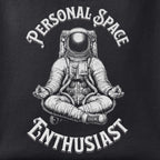 Close-up of the Personal Space Enthusiast print showing ink detail on black cotton fabric