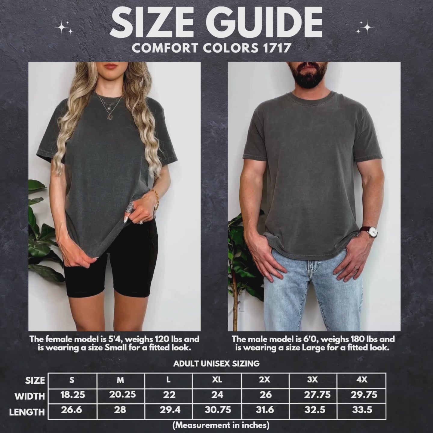 Comfort Colors 1717 size guide: chest width and body length in inches, sizes S to 4X