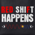 Close-up of the Red Shift Happens print showing ink detail on black cotton fabric