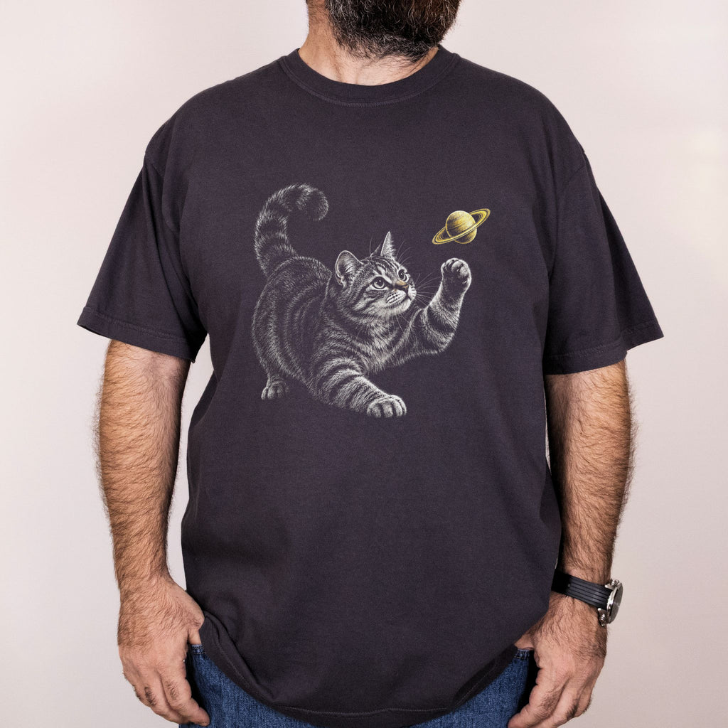 Worn: Saturn Cat printed on a Comfort Colors 1717 tee