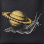 Close-up of the Saturn Snail print showing ink detail on black cotton fabric