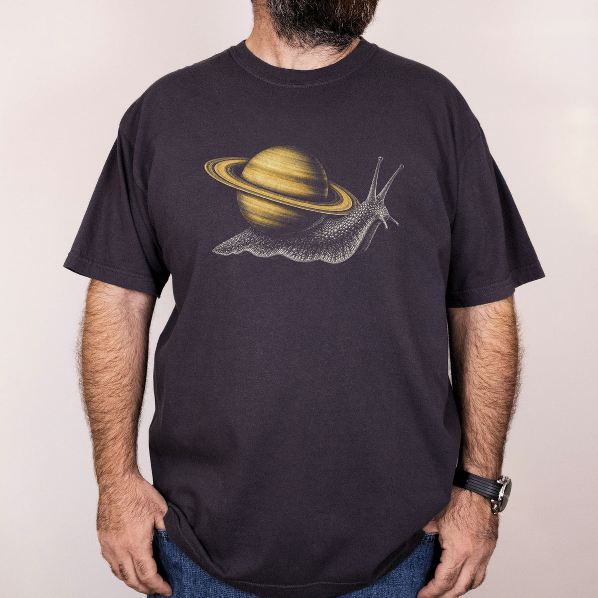 Worn: Saturn Snail printed on a Comfort Colors 1717 tee
