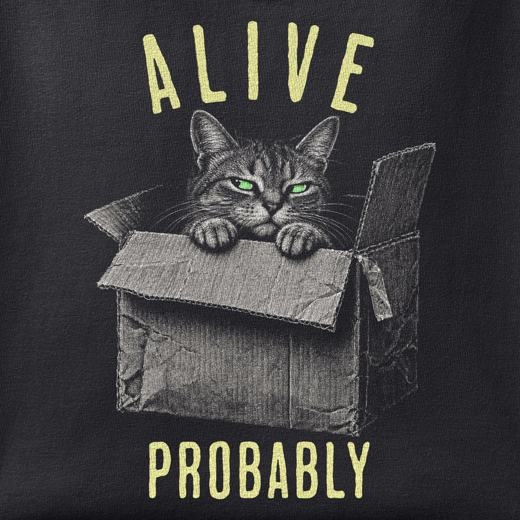 Close-up of the Schrodinger’s Cat print showing ink detail on black cotton fabric
