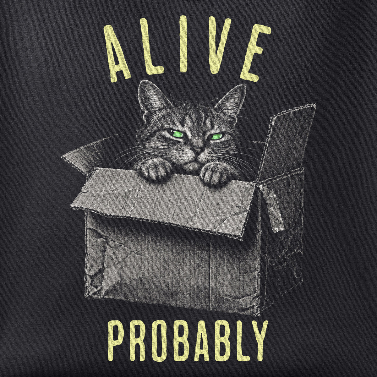 Close-up of the Schrodinger’s Cat print showing ink detail on black cotton fabric