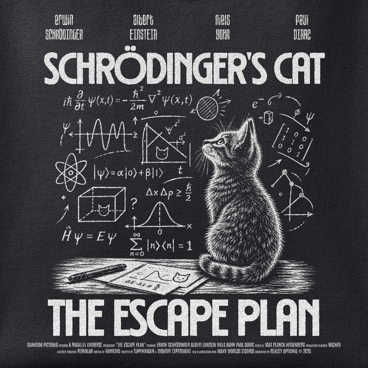 Close-up of the Schrödinger's Cat, The Escape Plan print showing ink detail on black cotton fabric