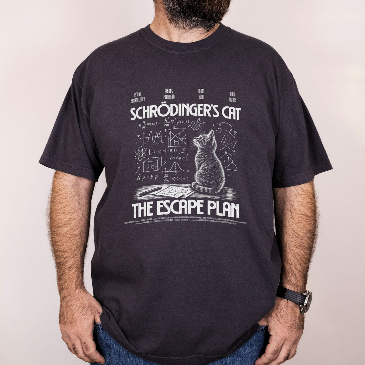 Worn: Schrödinger's Cat, The Escape Plan printed on a Comfort Colors 1717 tee
