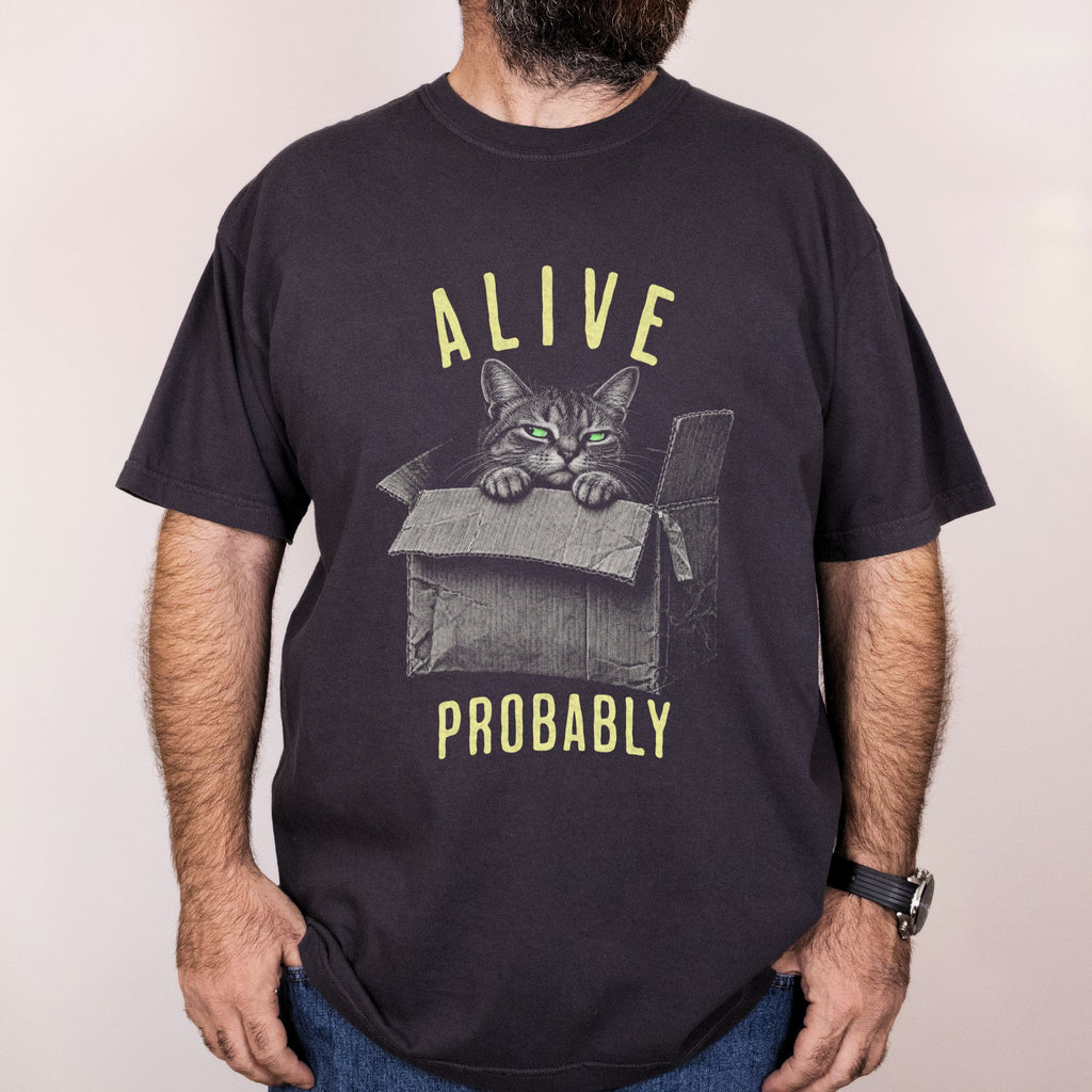 Worn: Schrodinger’s Cat printed on a Comfort Colors 1717 tee
