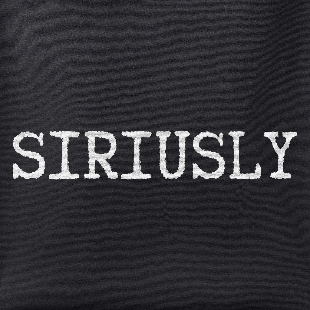 Close-up of the Siriusly print showing ink detail on black cotton fabric