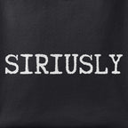 Close-up of the Siriusly print showing ink detail on black cotton fabric