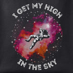 Close-up of the Sky High print showing ink detail on black cotton fabric