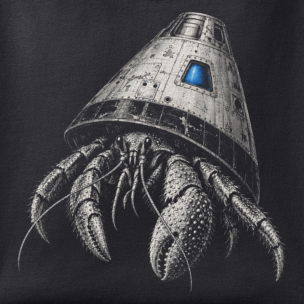 Close-up of the Space-Capsule Hermit Crab print showing ink detail on black cotton fabric