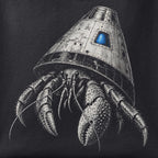 Close-up of the Space-Capsule Hermit Crab print showing ink detail on black cotton fabric