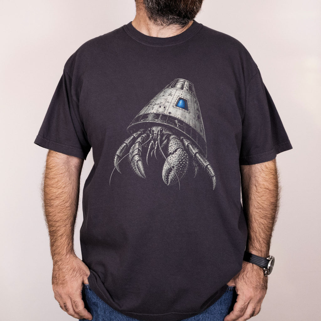 Worn: Space-Capsule Hermit Crab printed on a Comfort Colors 1717 tee