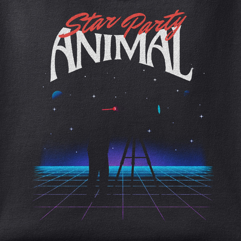 Close-up of the Star Party Animal print showing ink detail on black cotton fabric
