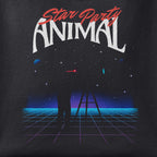 Close-up of the Star Party Animal print showing ink detail on black cotton fabric