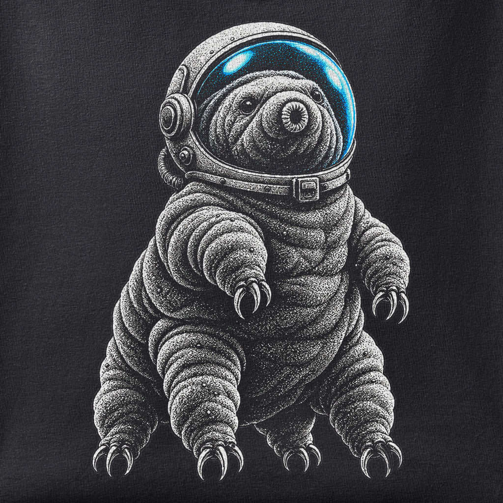 Close-up of the Tardigrade Astronaut print showing ink detail on black cotton fabric