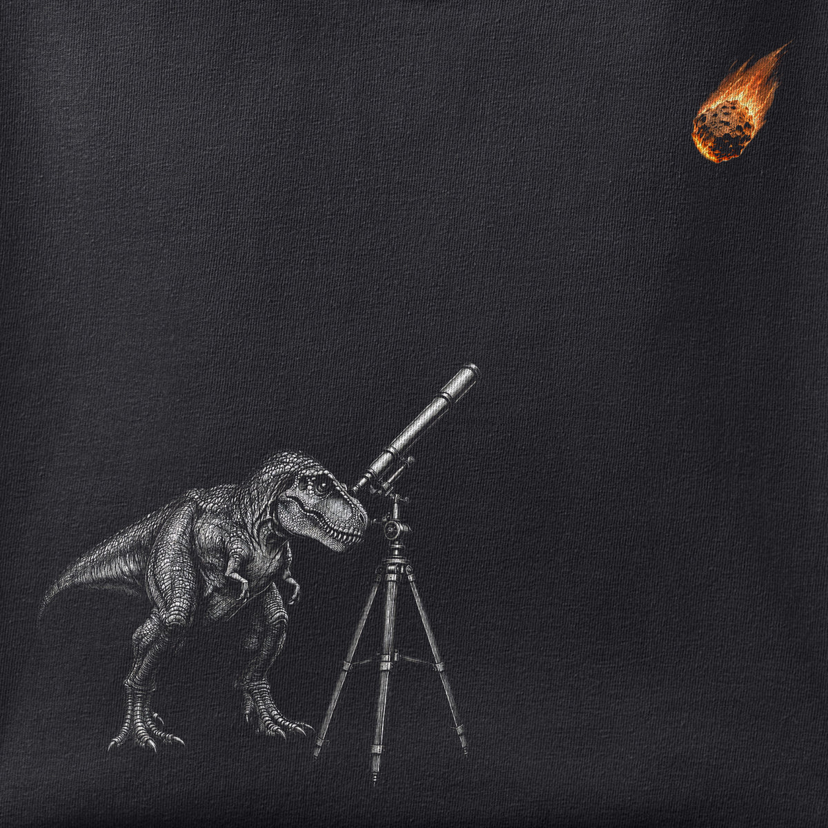 Close-up of the The Last Stargazer print showing ink detail on black cotton fabric