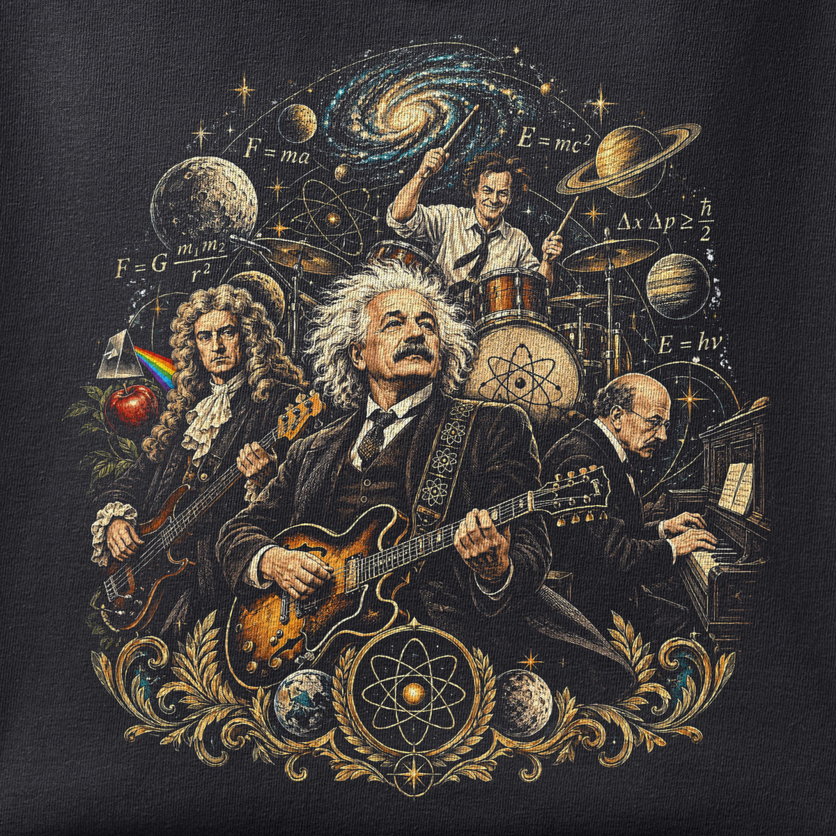 Close-up of the The Legends print showing ink detail on black cotton fabric