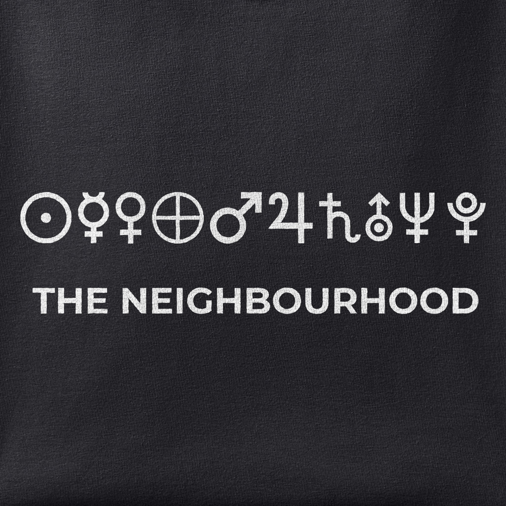 Close-up of the The Neighbourhood print showing ink detail on black cotton fabric