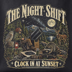 Close-up of the The Night Shift print showing ink detail on black cotton fabric