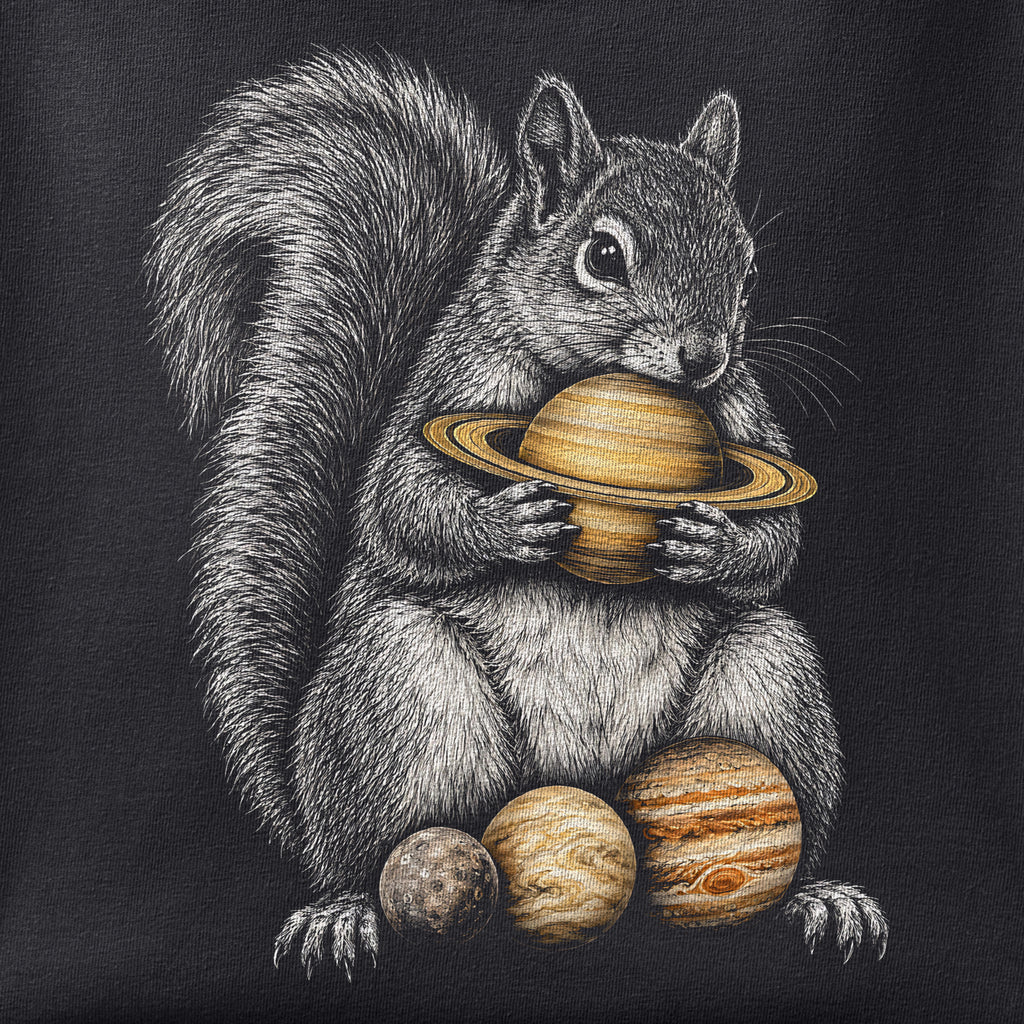 Close-up of the The Solar Stash print showing ink detail on black cotton fabric