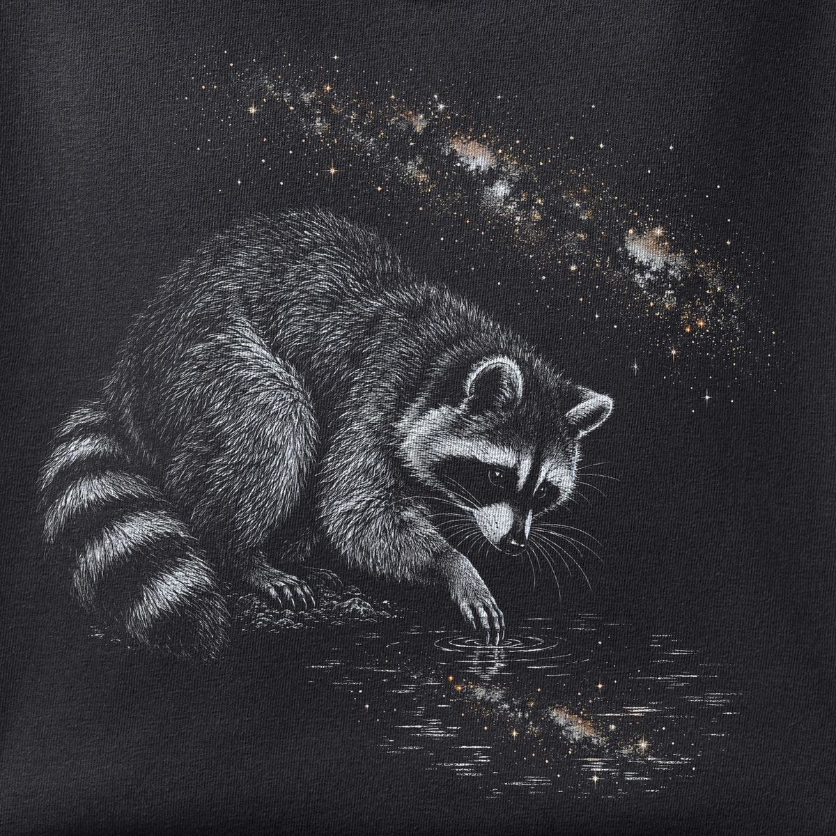 Close-up of the The Stars Are Down Here print showing ink detail on black cotton fabric