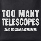 Close-up of the Too Many Telescopes - Stargazer print showing ink detail on black cotton fabric