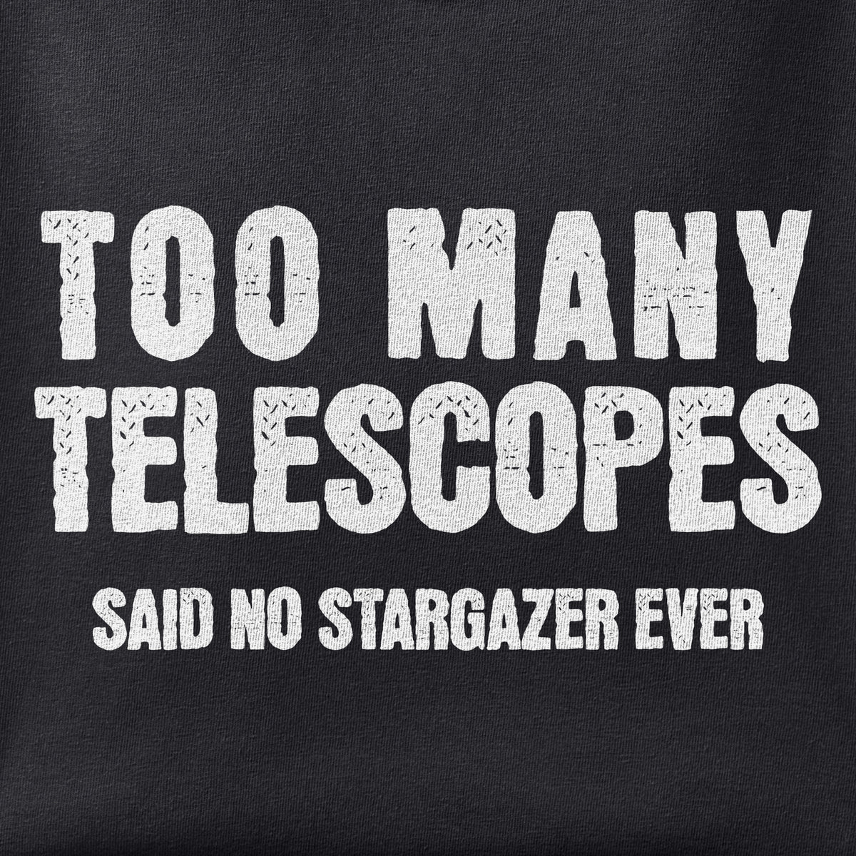 Close-up of the Too Many Telescopes - Stargazer print showing ink detail on black cotton fabric