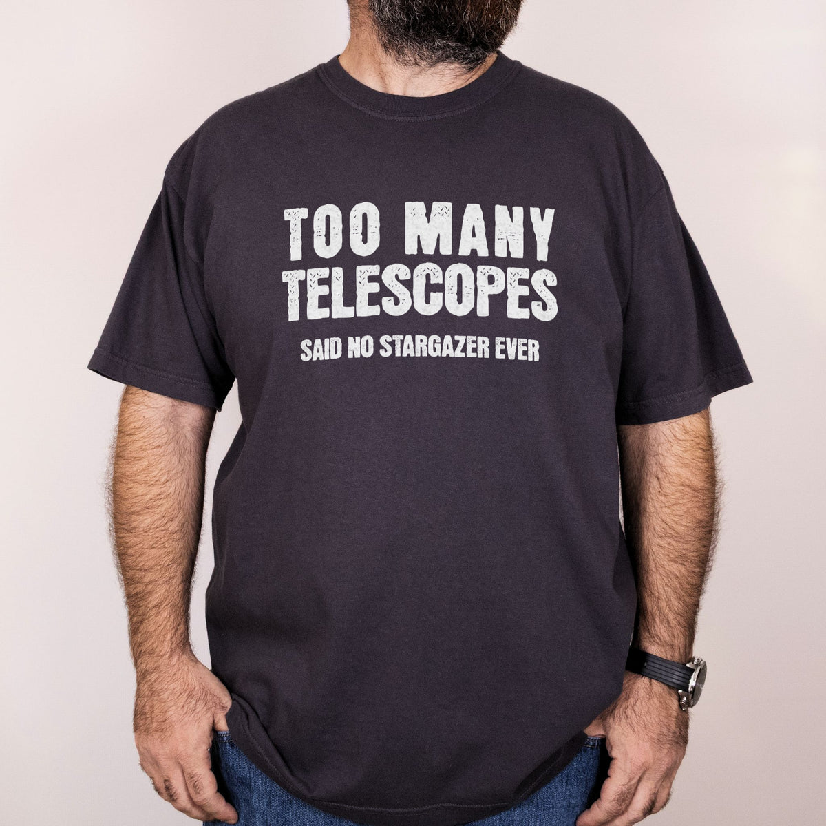Worn: Too Many Telescopes - Stargazer printed on a Comfort Colors 1717 tee