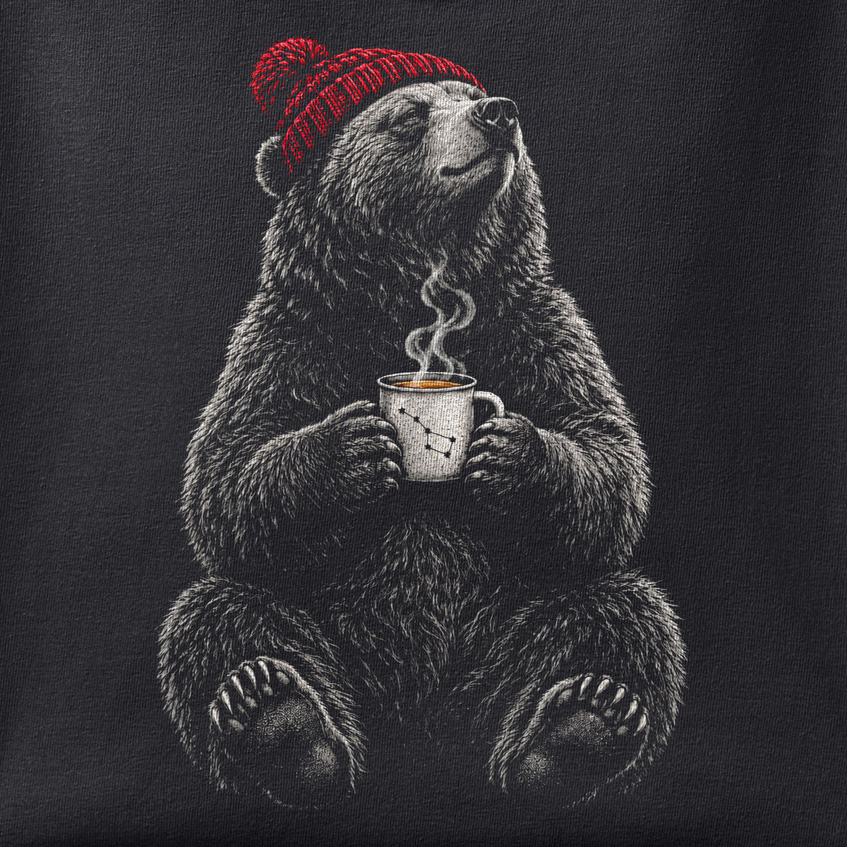 Close-up of the Ursa Major print showing ink detail on black cotton fabric