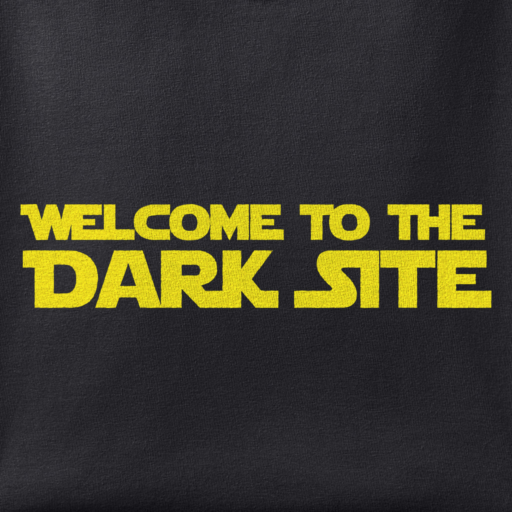 Close-up of the Welcome to the Dark Site print showing ink detail on black cotton fabric
