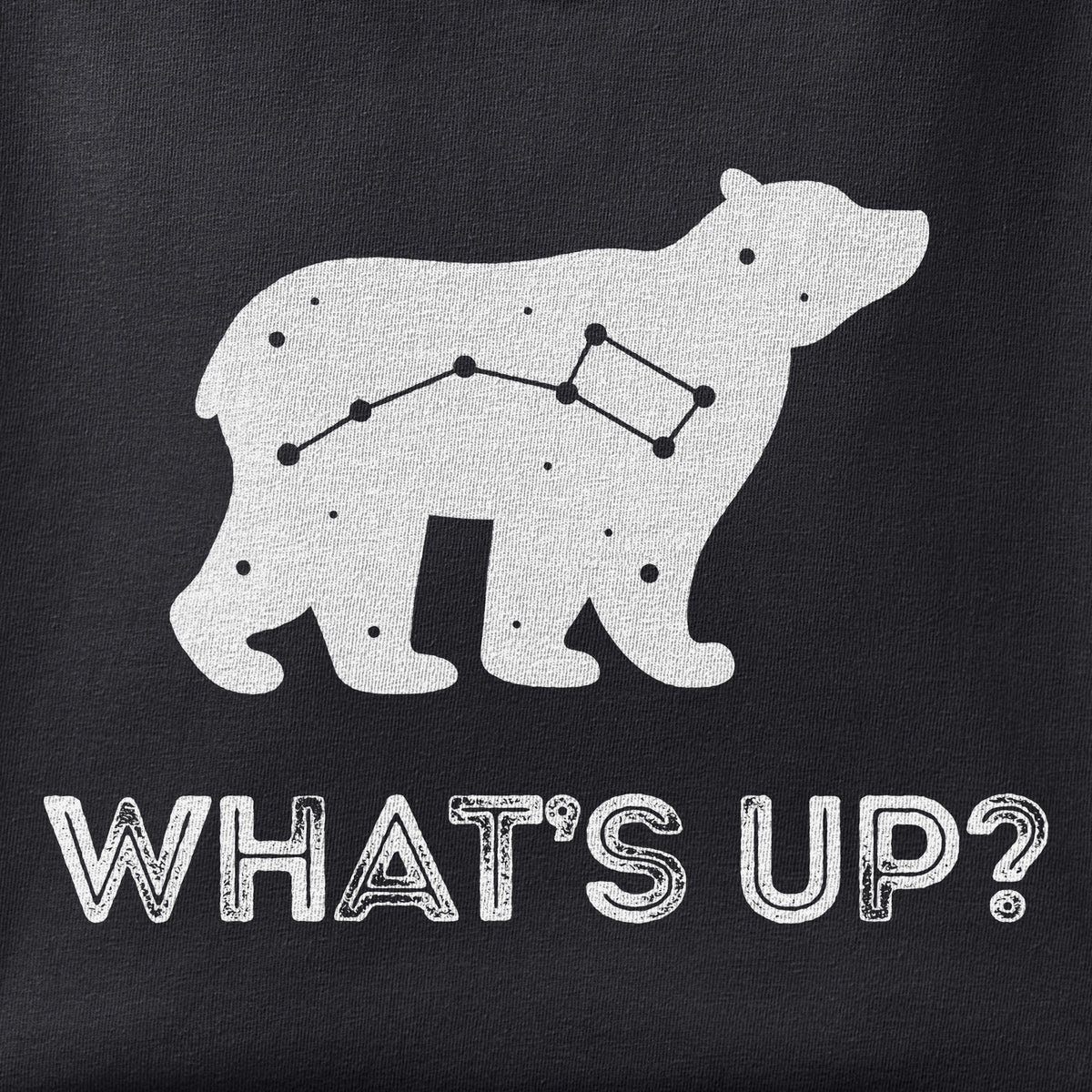 Close-up of the What's Up Ursa Minor print showing ink detail on black cotton fabric